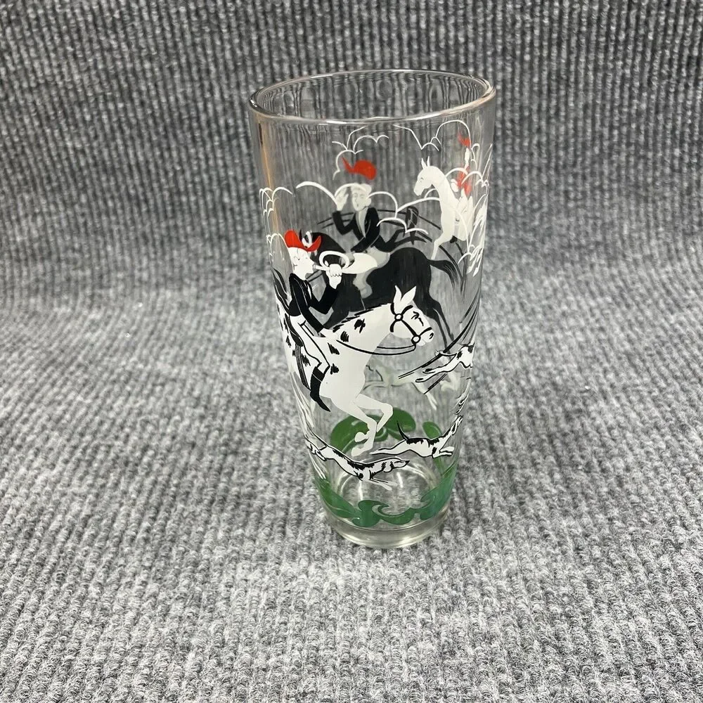 VTG HAZEL‎ ATLAS Glass Fox Hunt Tally Ho Cocktail Martini Shaker & Shot Glasses